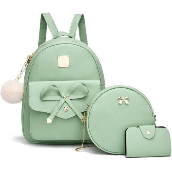 Handbags - New Bowknot Green 3-Piece Set – Leather Backpack, Shoulder Bag & Purse